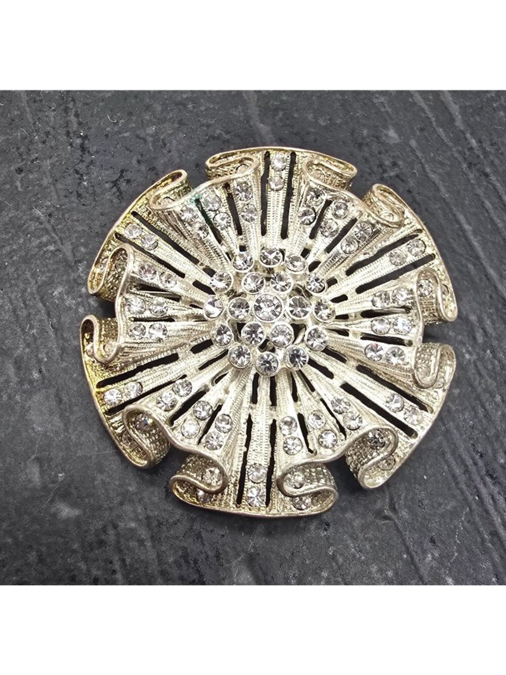 Vintage Rhinestone Circle Brooch Gold and Silver Tone Floral Design JJ3807